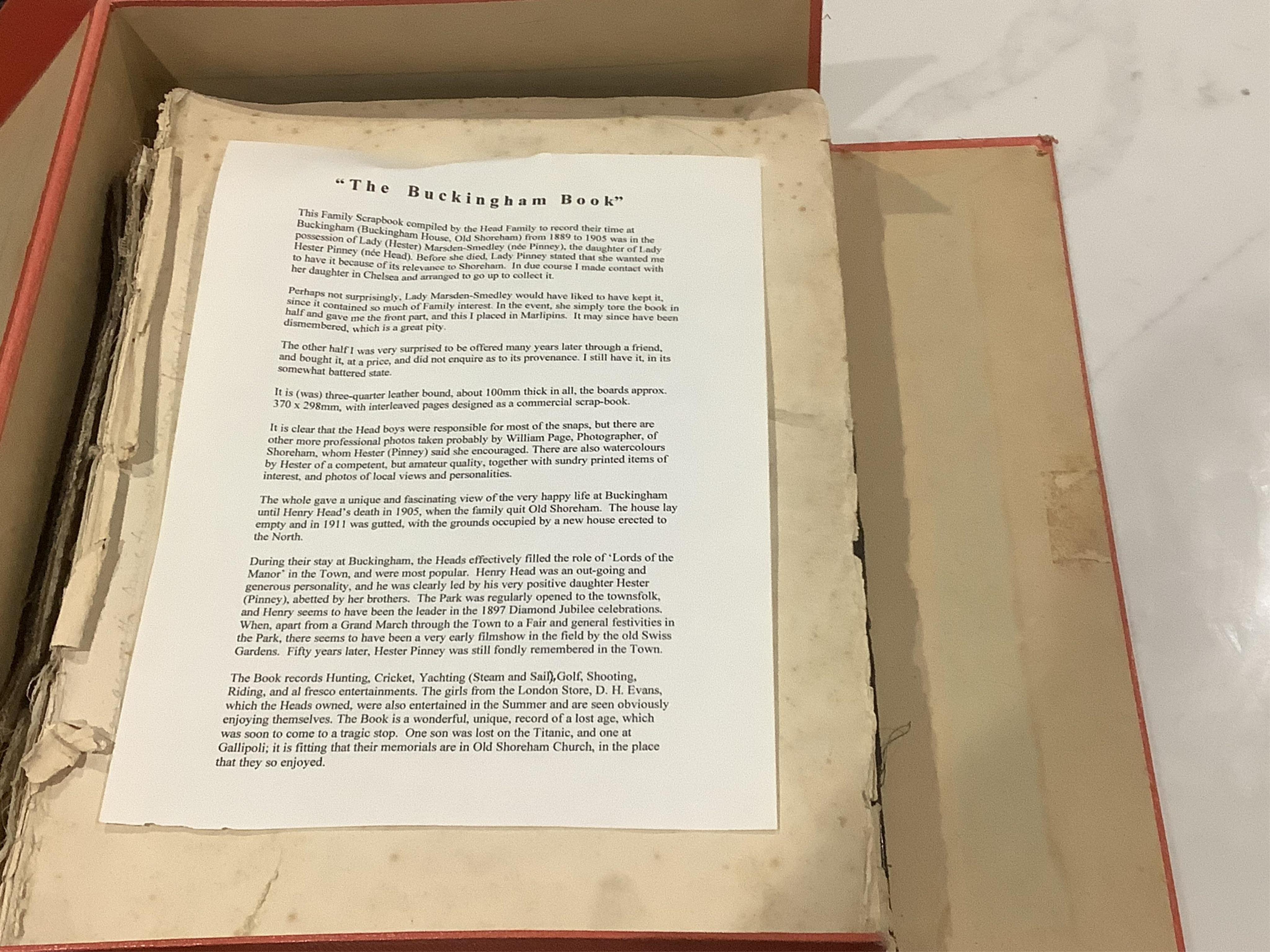 Sussex & Shoreham by Sea Interest; an incomplete album ‘The Buckingham Book’ a scrapbook compiled by the Head Family of Buckingham House, Old Shoreham, circa 1889-1905, with three unused rolls of tickets for the Old Shor